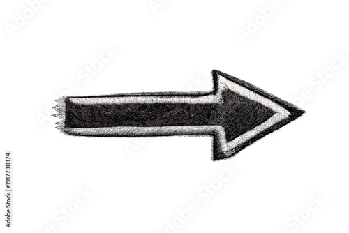 A black arrow with a textured white border points to the right against a solid black background. The arrow has a fuzzy, embroidered appearance with visible fibers along its edges.
