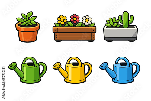 A collection of six gardening icons featuring potted plants, a flower box, a cactus planter, and three colorful watering cans in green, yellow, and blue on a black background.