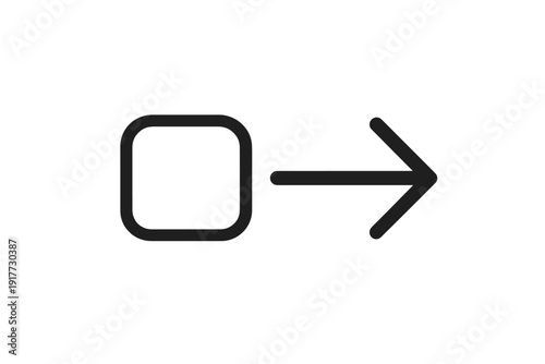 This simple black line illustration shows a rounded square shape followed by a right-pointing arrow. It is a clean vector style icon suitable for digital interface design.