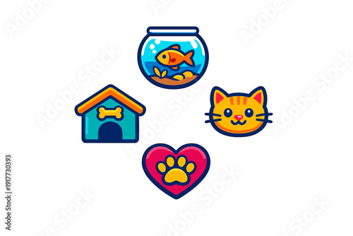 A collection of four colorful pet-themed icons including a fishbowl with an orange fish, a teal doghouse with a bone, a cute orange cat face, and a pink heart with a yellow paw print.