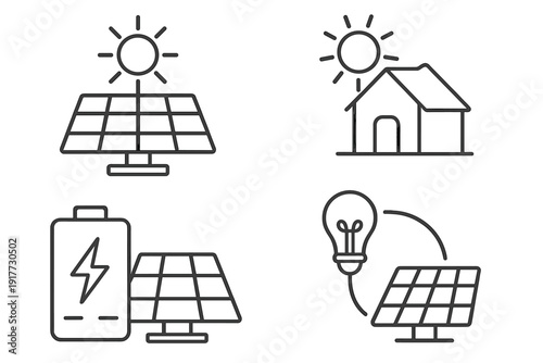 A set of four white line icons on a black background representing solar energy concepts including a sun over a panel, a house, a battery storage unit, and a light bulb connection.
