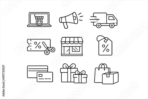 A collection of nine white line icons on a black background representing ecommerce and retail concepts such as online shopping, delivery, discounts, payments, and gift boxes.