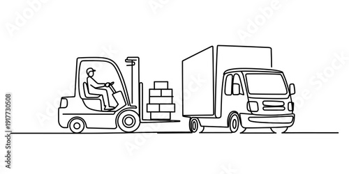 Single line drawing of a forklift driver loading boxes into a delivery truck for transport.