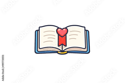 A cartoon illustration of an open book with white pages and a blue cover, featuring a red heart-shaped bookmark in the center. The image is presented as a sticker on a black background.