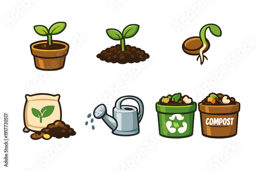 This set of gardening illustrations includes a seedling in a pot, a sprout in dirt, a germinating seed, a bag of soil, a watering can, and compost containers on a black background.