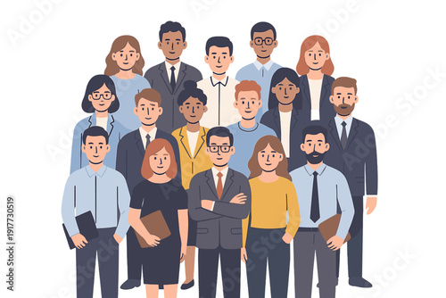 A diverse group of professional men and women stand together in a flat illustration style. They are dressed in business attire, including suits and shirts, against a black background.