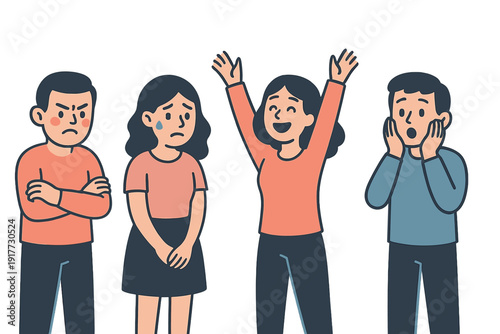 A flat vector illustration showing four people expressing different emotions: anger, sadness, happiness, and surprise. Each character has a distinct facial expression and pose.