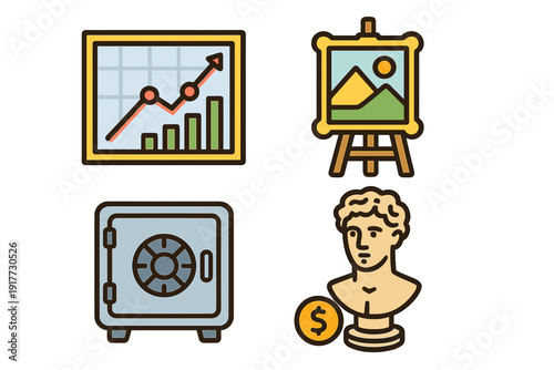 A set of four flat vector icons representing different types of investments including a growth chart, a landscape painting on an easel, a metal safe, and a classical bust sculpture.