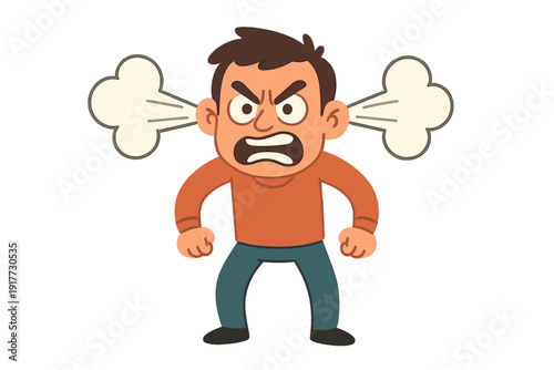 A cartoon illustration of an angry man with steam coming out of his ears. He has a furious expression, clenched fists, and is wearing an orange shirt and blue pants on a black background.