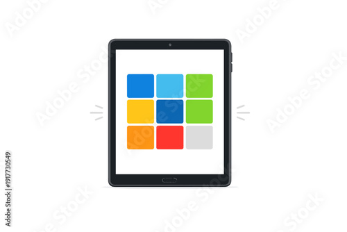A minimalist illustration of a black tablet device featuring a grid of nine colorful square icons on its screen. The device is centered against a dark background with white accents.
