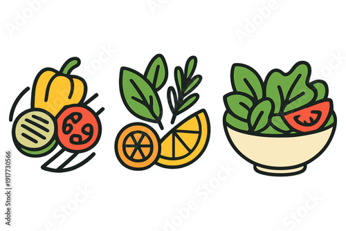 Three colorful flat icons depicting healthy food options including grilled bell peppers and zucchini, fresh herbs with citrus, and a bowl of green leafy salad with tomato.