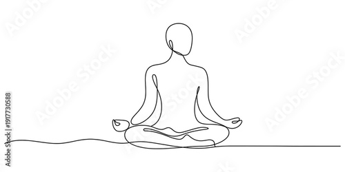 Single continuous line drawing of a person sitting in a lotus position for meditation and yoga. Vector, illustration