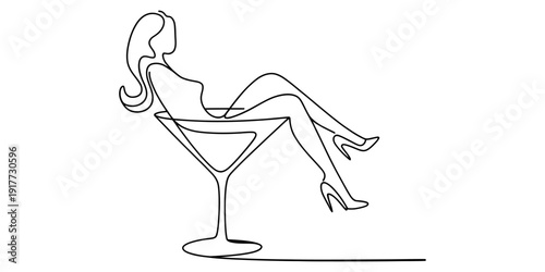 Minimalist continuous line drawing of a woman reclining inside a large martini glass Vector, illustration