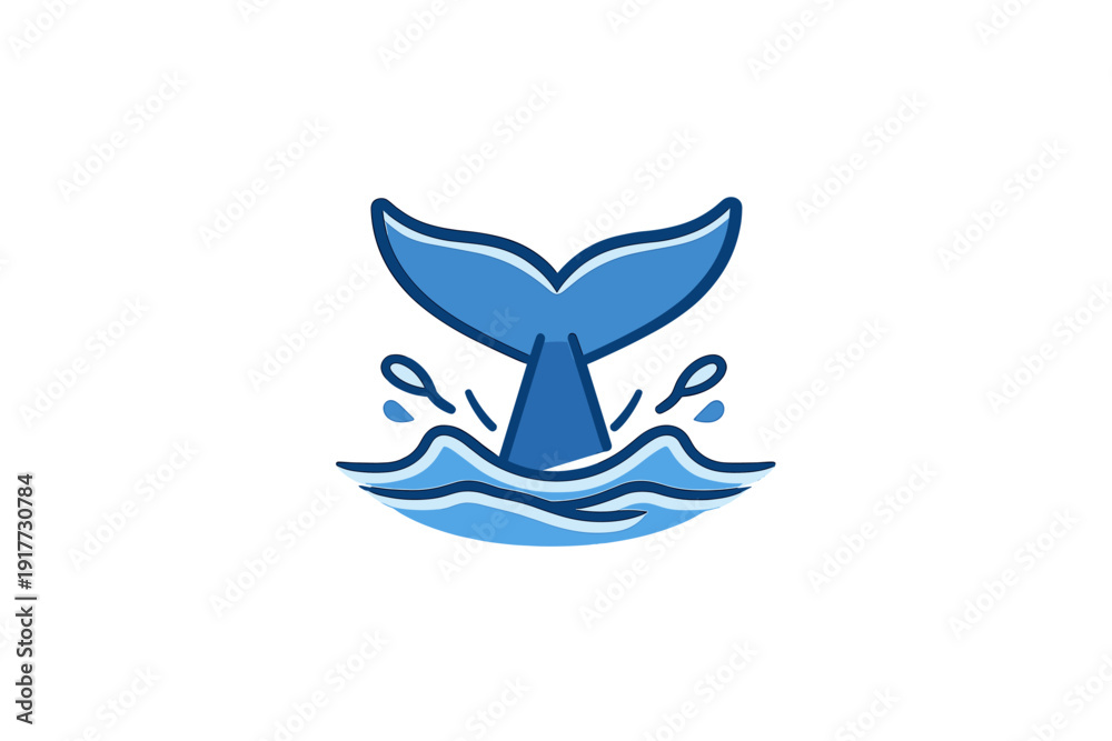 Obraz premium A blue whale fluke dives into stylized ocean waves with water droplets splashing around it. The vector graphic is set against a black background with clean lines and subtle blue gradients.