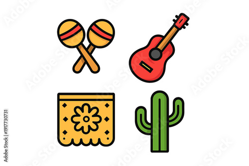 A flat vector icon set featuring four Mexican-themed items: crossed maracas, a red acoustic guitar, a yellow papel picado banner with a flower, and a green saguaro cactus on a black background.