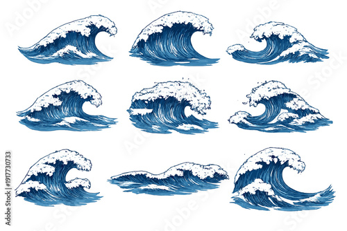 A collection of nine stylized ocean wave illustrations in a traditional Japanese woodblock print style, featuring blue water and white foam crests against a black background.