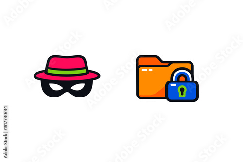 Two colorful icons representing cyber security and hacking. One icon shows a masked character in a pink hat, while the other features an orange folder secured with a blue padlock.