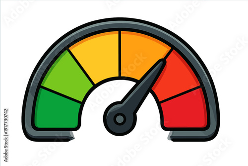 This illustration features a semi-circular performance gauge with color-coded segments from green to red, with a dark needle indicating a high level on a black background.