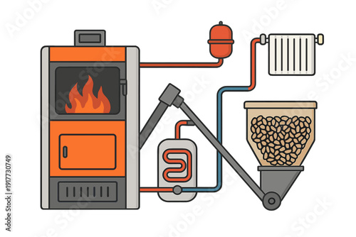 This vector illustration depicts a biomass pellet boiler system including a fuel hopper, combustion chamber with fire, heat exchanger, and radiator connected by pipes.