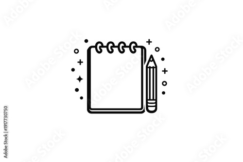 This minimalist line art illustration depicts a spiral notebook and a pencil on a black background. Small decorative stars and circles surround the stationery items for a creative look.