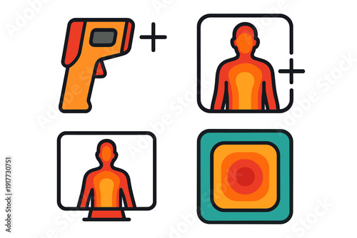 This set of four flat vector icons illustrates thermal imaging technology, featuring an infrared thermometer gun, human body heat maps, and a digital screen display.
