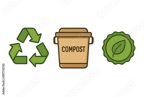 Three environmental icons including a green recycling symbol, a brown compost bin, and a green leaf badge are displayed against a solid black background in a flat illustration style.