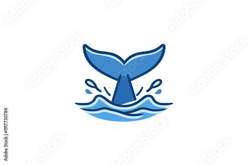 A blue whale fluke dives into stylized ocean waves with water droplets splashing around it. The vector graphic is set against a black background with clean lines and subtle blue gradients.