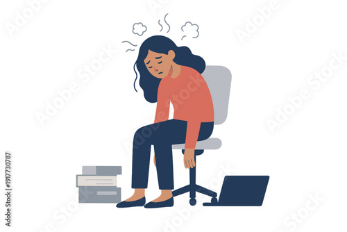 A flat illustration of an exhausted woman sitting on an office chair with steam rising from her head. A stack of books and a laptop lie on the floor beside her, depicting burnout.