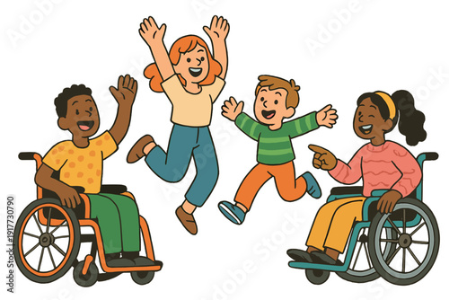 A cheerful illustration of four diverse children playing together. Two children are jumping in the air while two others use wheelchairs, all showing happy expressions and waving.