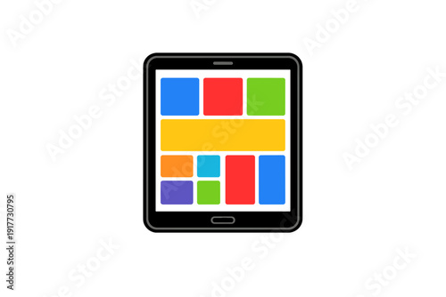 This minimalist illustration shows a black tablet device with a vibrant interface consisting of various colored rectangular tiles, all presented on a dark background.
