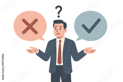 A businessman in a suit stands confused between a red cross and a blue checkmark, shrugging his shoulders with a question mark above his head against a black background.