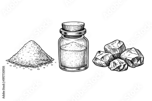 A black and white engraving showing a pile of fine powder, a glass jar with a cork stopper filled with the same substance, and a small group of jagged rocks or crystals on a black background.