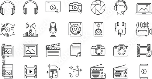 Multimedia icon set including headphones, microphone, camera, speaker, video player, radio, and music production elements in minimalist line art style,