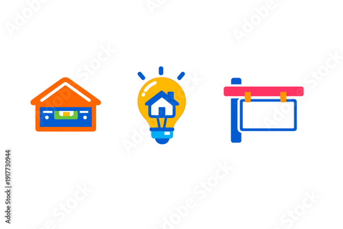 A set of three vibrant icons depicting real estate concepts including a house with a spirit level, a lightbulb with a home inside, and a hanging signpost on a black backdrop.