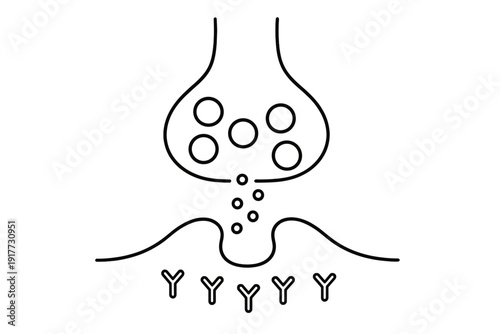 A black and white line art illustration depicting a biological synapse with neurotransmitters being released from vesicles into the synaptic cleft towards receptors on the membrane.