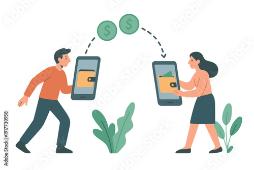 This flat vector illustration depicts a man and a woman using their smartphones to transfer money. Dollar coins are shown moving from one digital wallet to another via a dashed line.