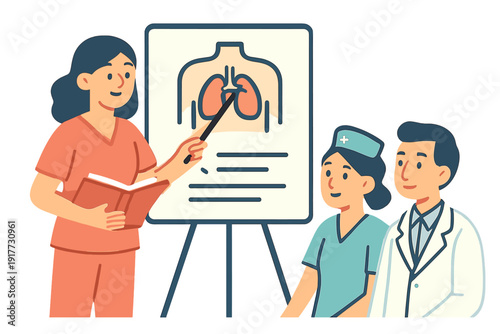 A female medical professional in orange scrubs points to a lung diagram on a whiteboard while teaching a nurse and a doctor in a white coat during a medical seminar.