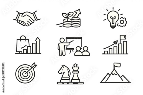 A collection of nine white business icons on a black background representing concepts like strategy, growth, partnership, innovation, and achievement in a minimalist line art style.