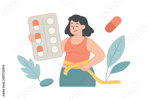 A flat illustration of a woman holding a blister pack of capsules and tablets while measuring her waist with a tape measure, symbolizing weight loss and health management.