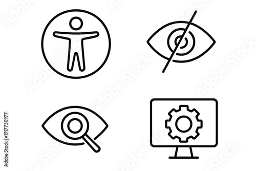 A set of four minimalist black line icons representing web accessibility, visual impairment, low vision magnification, and computer system settings on a white background.
