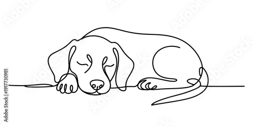 Minimalist continuous line drawing of a sleeping puppy dog lying down on a white background. Vector, illustration