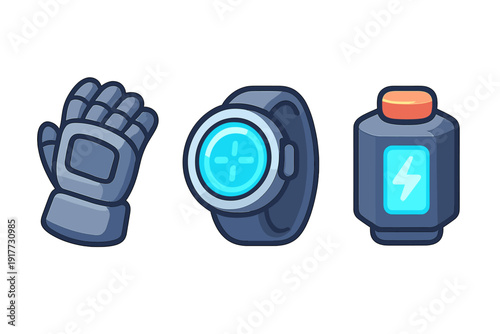 A set of three futuristic science fiction gadgets including an armored glove, a high tech wristwatch with a glowing blue display, and a power cell with a lightning bolt icon on a black background.