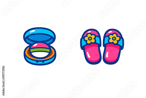 A colorful cartoon illustration featuring an open blue compact case with a striped ball inside and a pair of pink flip-flops decorated with yellow flowers on a black background.