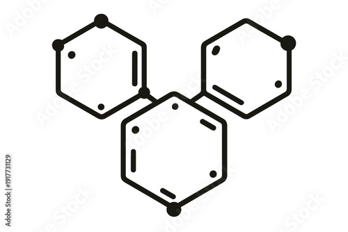 A black and white graphic illustration of three interconnected hexagonal shapes resembling a chemical molecular structure with nodes and internal lines on a plain background.