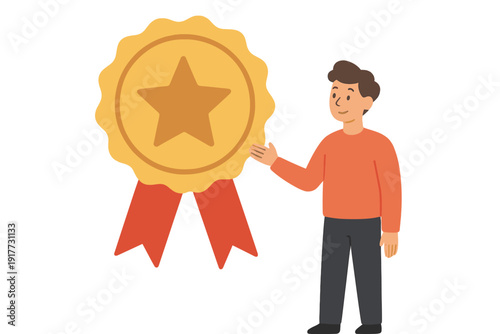 A smiling man stands beside a giant gold medal with a central star and red ribbons. This flat vector illustration symbolizes success, accomplishment, and winning a prestigious award.
