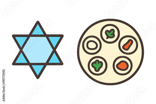 A flat minimal cartoon sticker set for Passover featuring a light blue Star of David and a traditional Seder plate with symbolic food items on a solid black background.