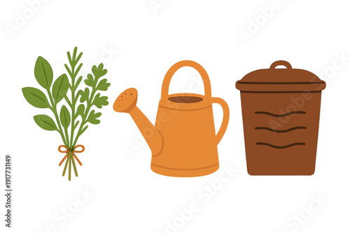 A flat illustration featuring a bundle of fresh green herbs tied with a string, an orange watering can, and a brown garden bin with a lid, all isolated on a black background.
