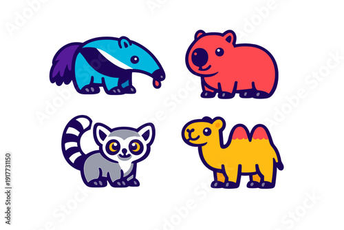 A collection of four colorful cartoon animal stickers featuring a blue anteater, a red wombat, a grey lemur, and a yellow camel, all set against a solid black background.