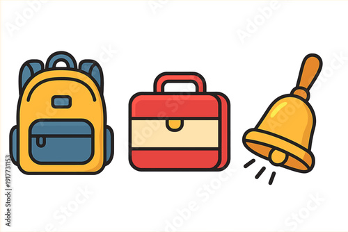 This graphic set includes a yellow and blue backpack, a red briefcase-style lunchbox, and a ringing yellow handbell. The icons are designed in a flat style with bold black outlines.