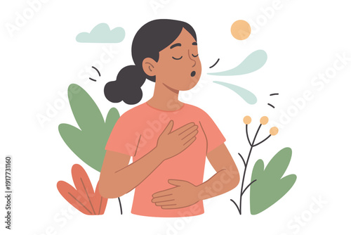 A flat illustration of a woman practicing deep breathing exercises outdoors. She has her hands on her chest and stomach while exhaling, surrounded by stylized plants and a sun.
